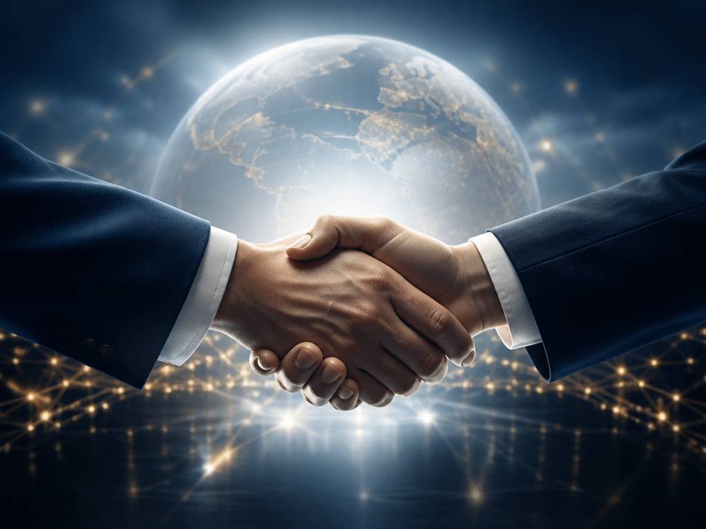 Two diplomats shaking hands across a globe, symbolizing international cooperation